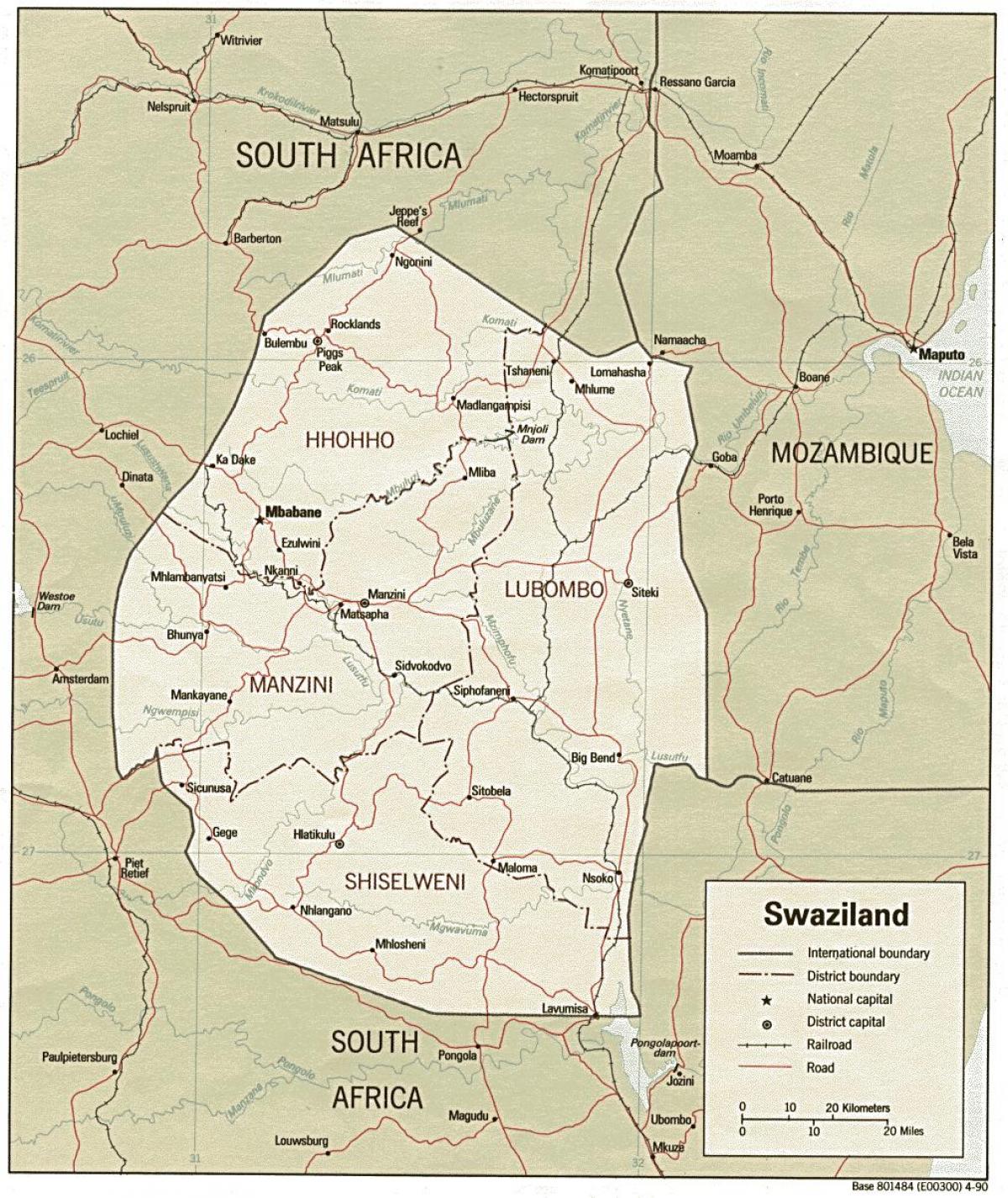 ਨਕਸ਼ਾ ਦੇ Swaziland ਦਿਖਾ ਸਰਹੱਦ ਪੋਸਟ